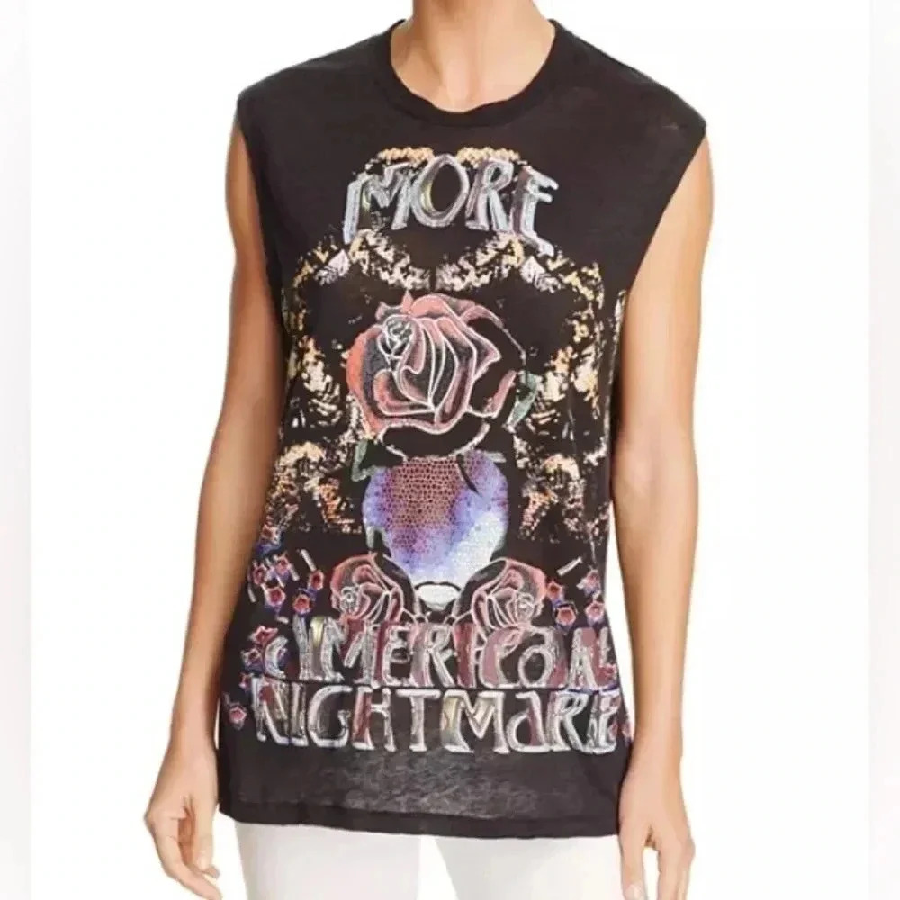 IRO Atimo Muscle Tee Linen Graphic Print Tank Top Crew Neck Tshirt Rose M